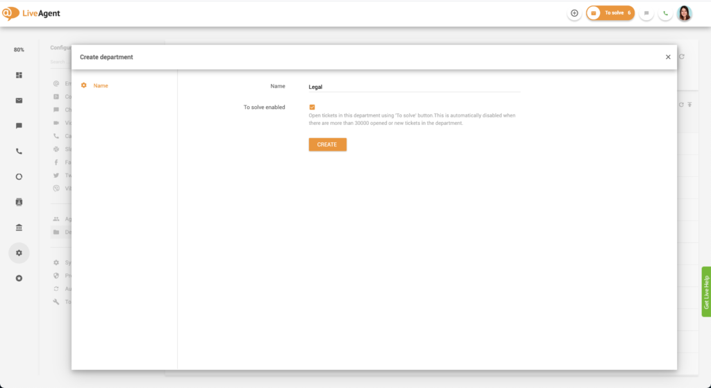 LiveAgentで部門を作成