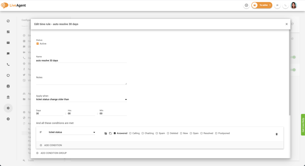 LiveAgentでタイムルールを編集