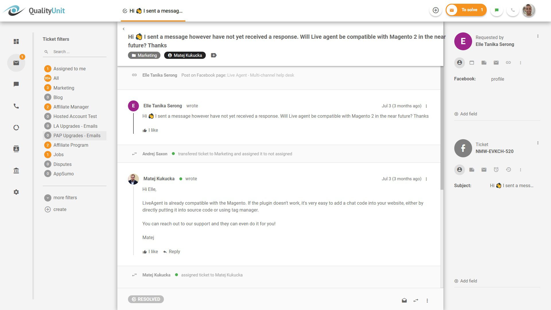 LiveAgentからFacebook投稿に応答する