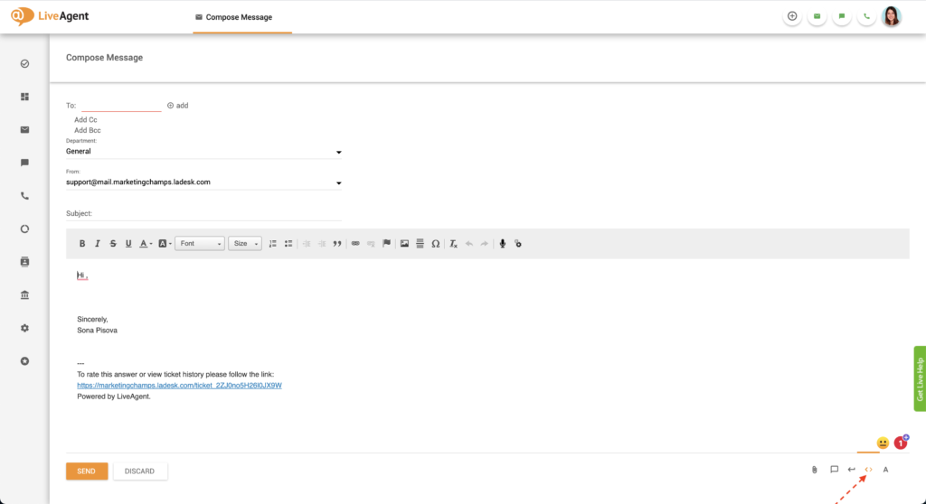 LiveAgentのHTMLエディタボタン