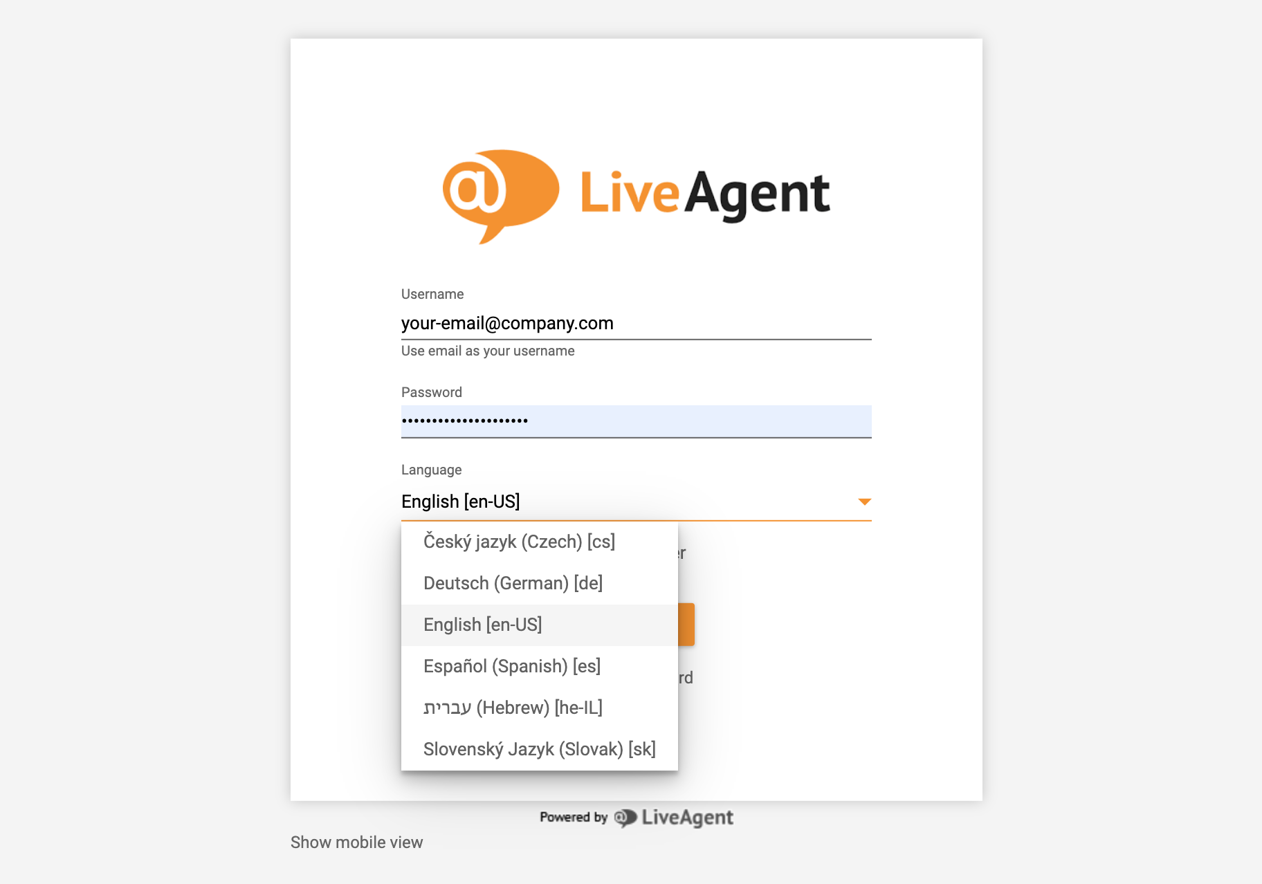 LiveAgentログイン - 言語選択