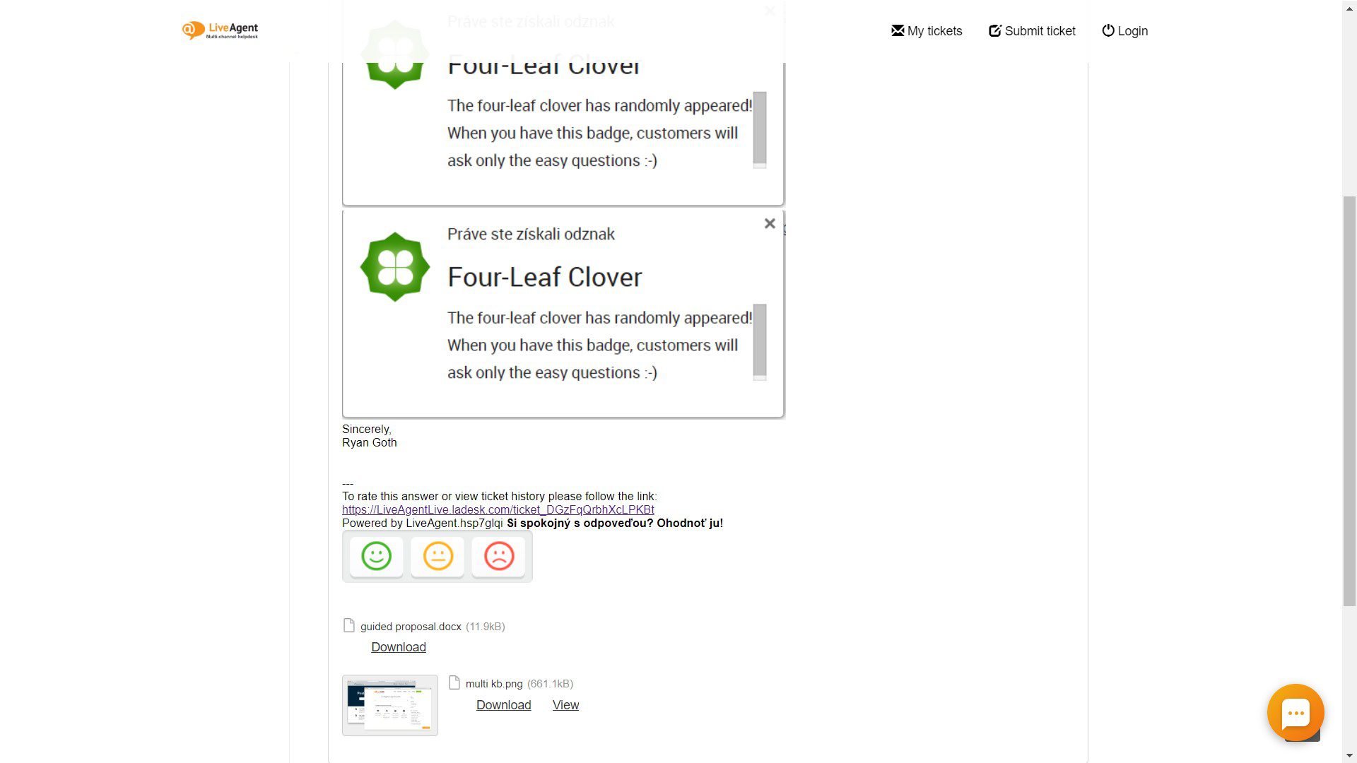 クリック可能なリンクを共有して、チケット全体の履歴を誰かに送信する