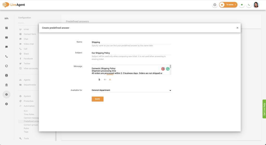 LiveAgentでの定義済み回答の設定