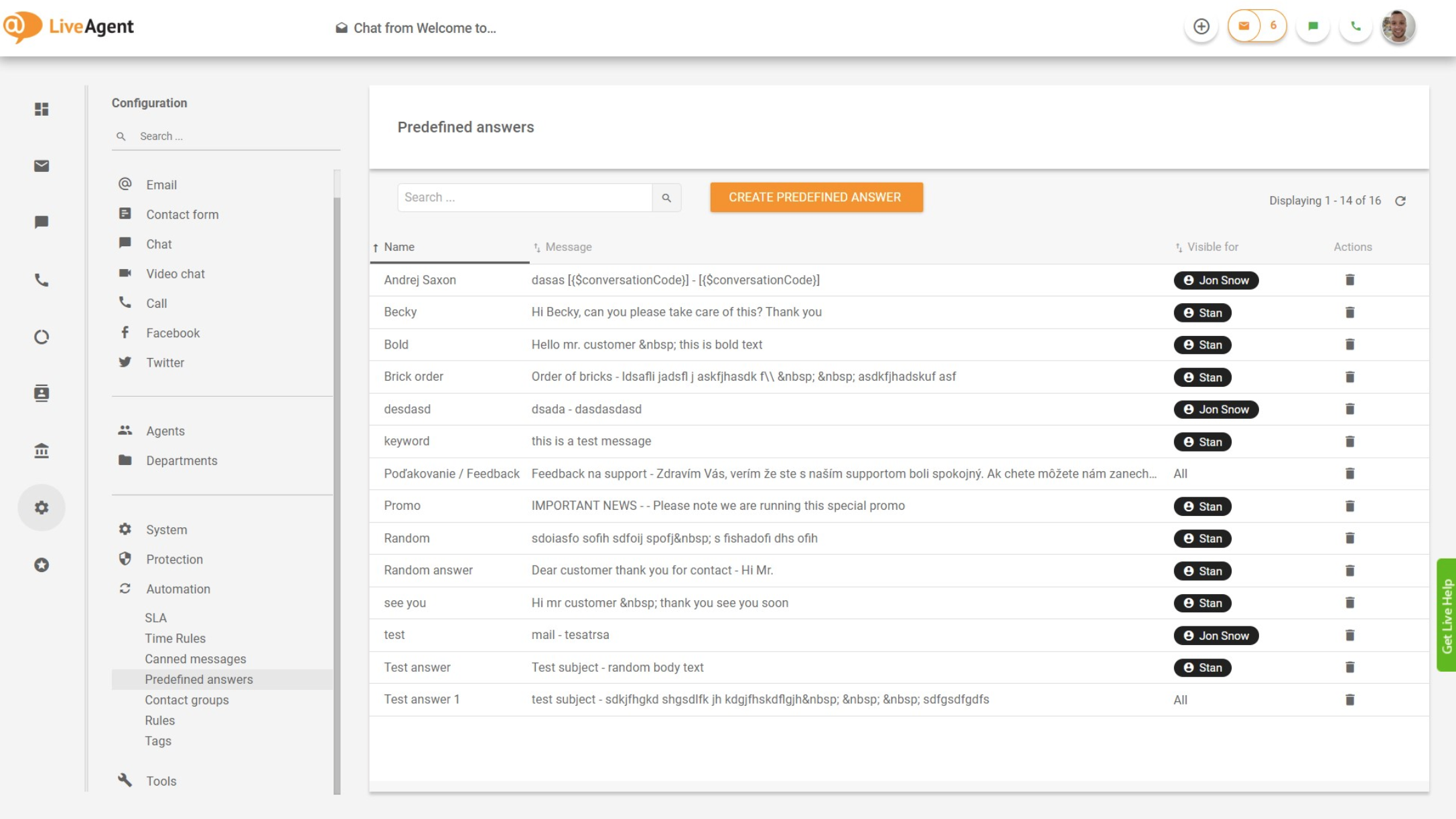 LiveAgent – 定義済み回答の概要