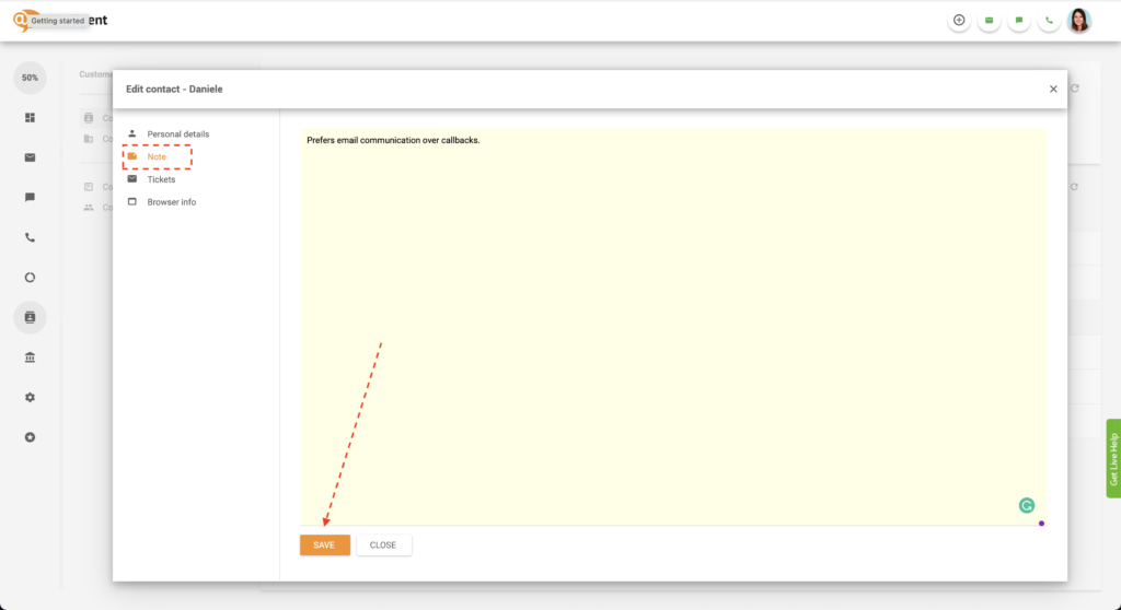 LiveAgentで連絡先ノートを保存