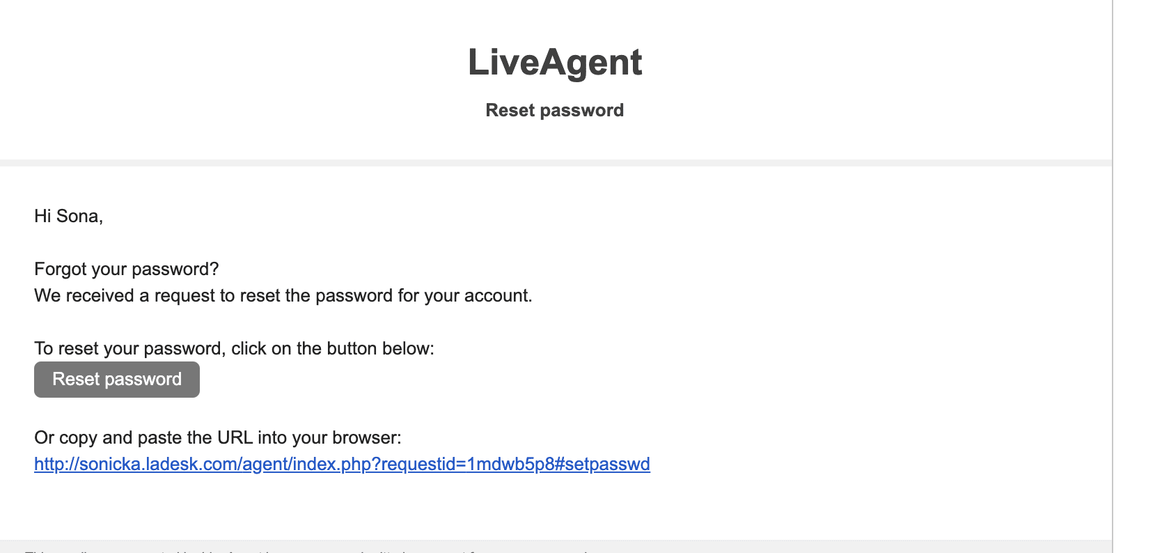 パスワードリセットメール LiveAgent
