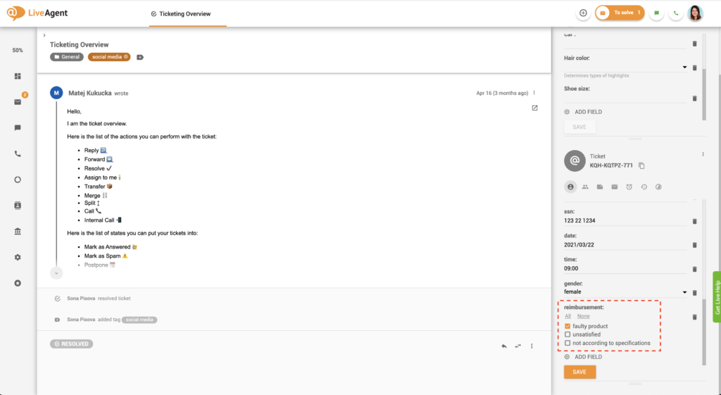 チケットフィールドチェックボックスグループの例
