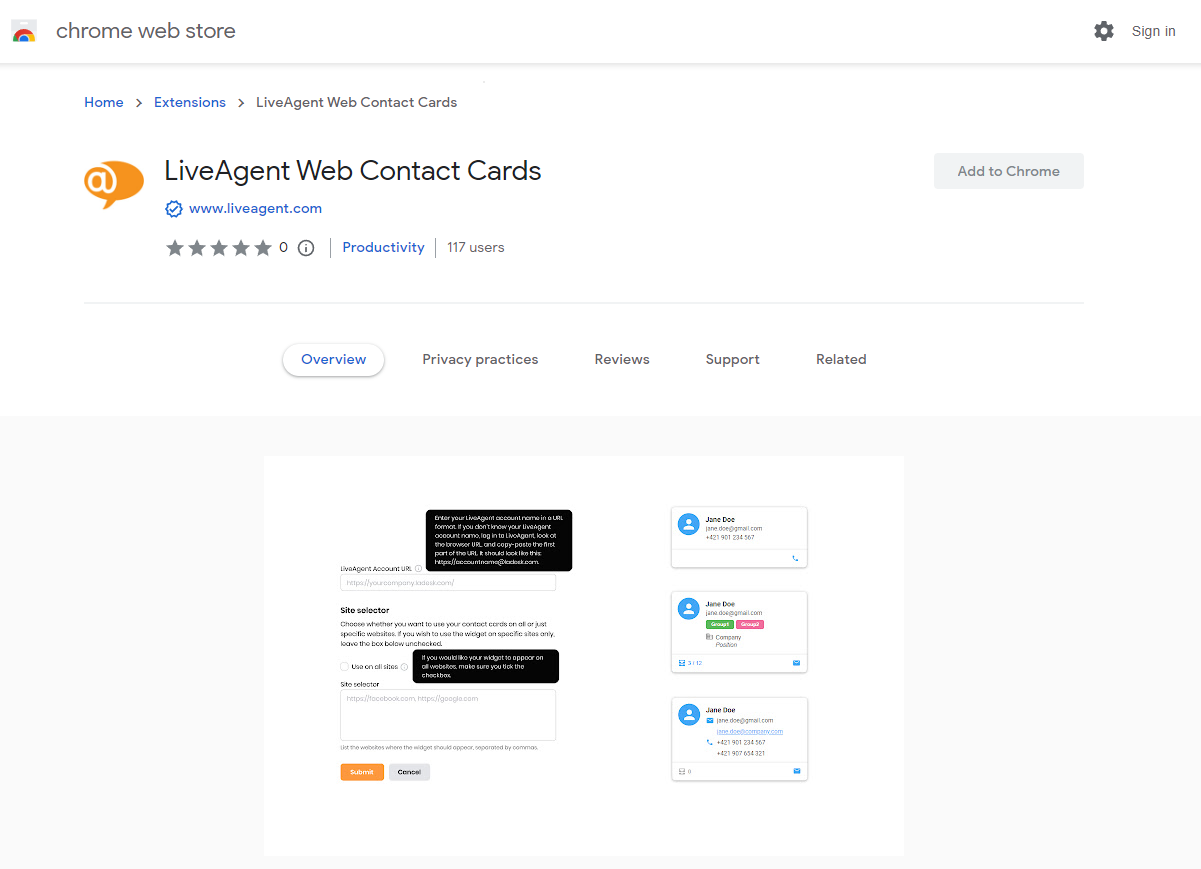 Chromeブラウザ内のWeb Contact Cards拡張機能