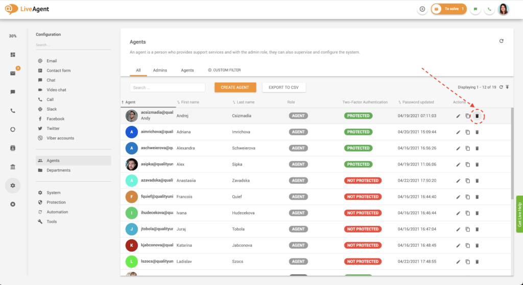 エージェント削除ボタン