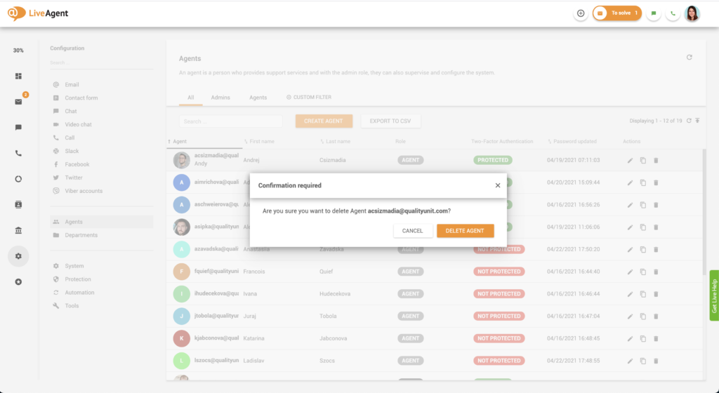 エージェント削除確認