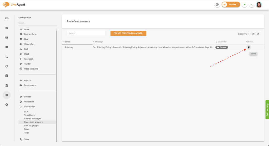 LiveAgentで定義済み回答を削除