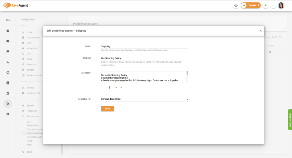LiveAgentで定義済み回答を編集