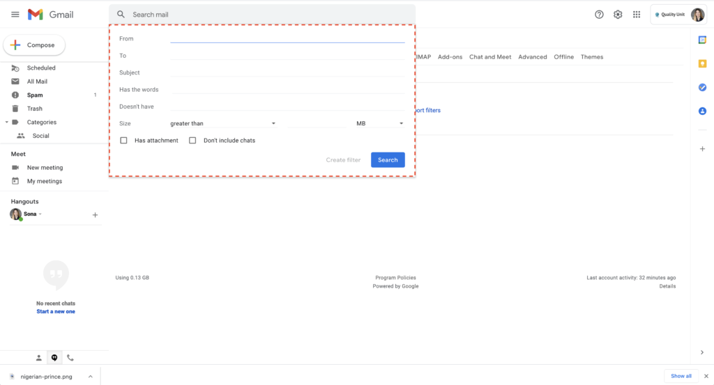 Gmailスパムフィルタリングの例2