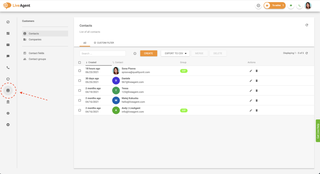 LiveAgentで連絡先を検索