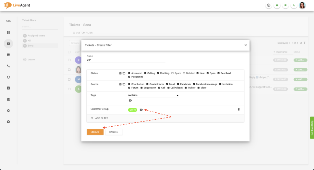 LiveAgentVIPチケットフィルターを追加