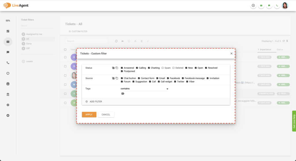 LiveAgentフィルター選択