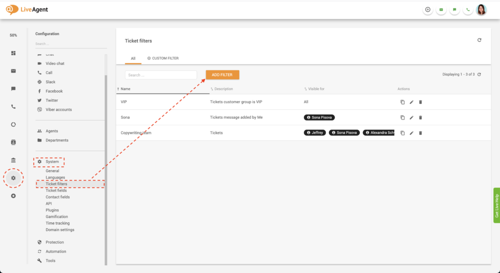 LiveAgentグローバルフィルターを作成