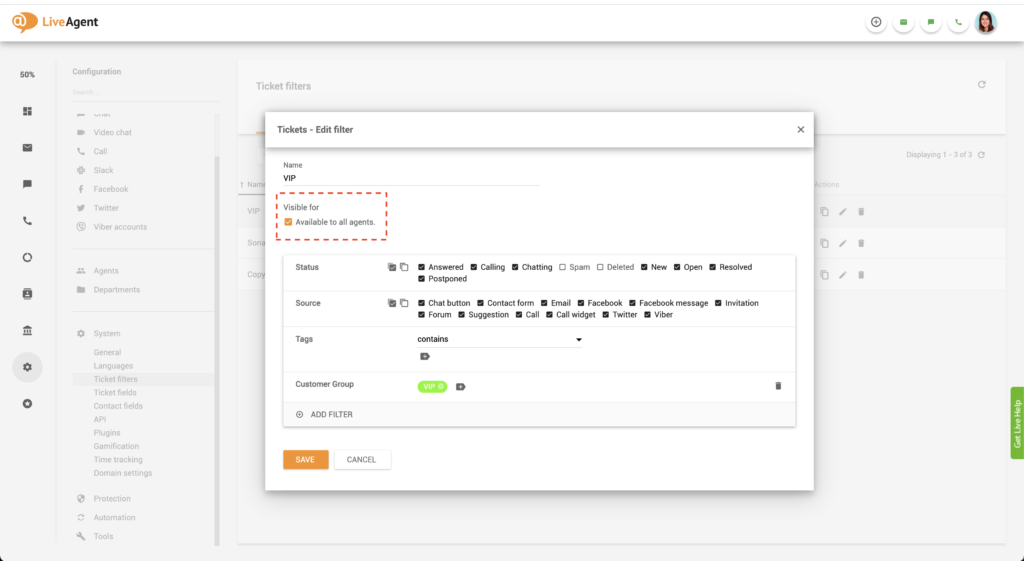 LiveAgentグローバルフィルターを編集