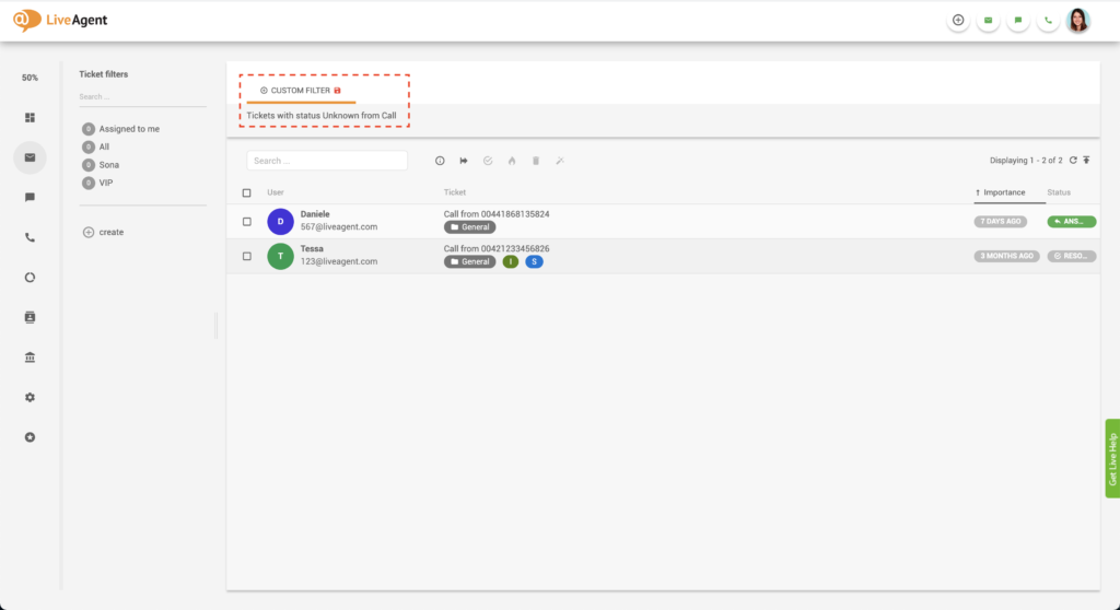 LiveAgentフィルター済みチケット