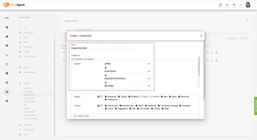 LiveAgentグローバルフィルター