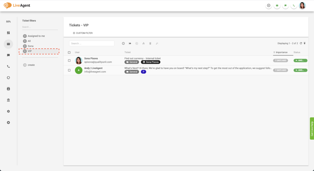 LiveAgentVIPチケットフィルター