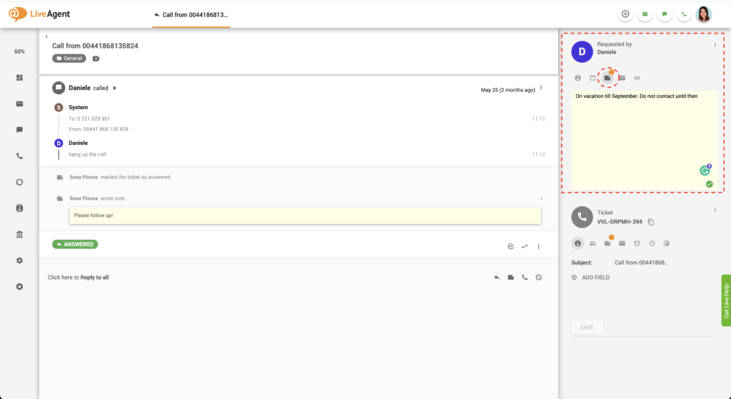 LiveAgent顧客ノート