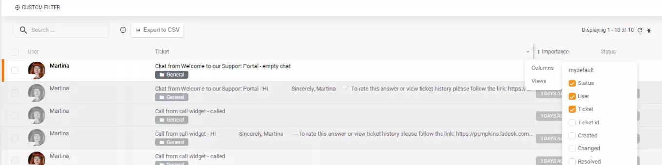 特定の列またはビューのCSVエクスポート