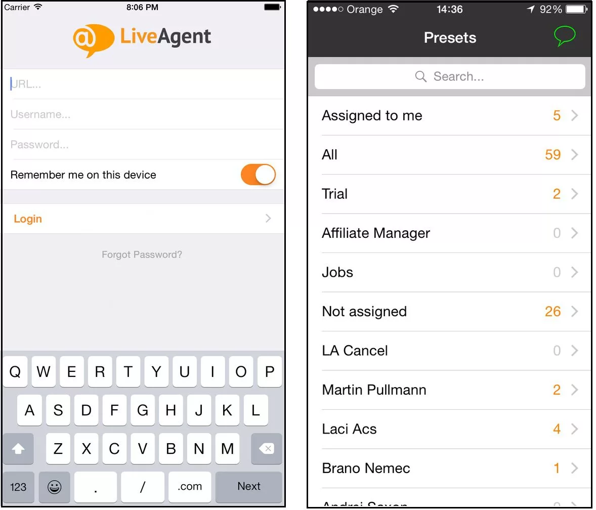 LiveAgent iOSアプリケーションインターフェース
