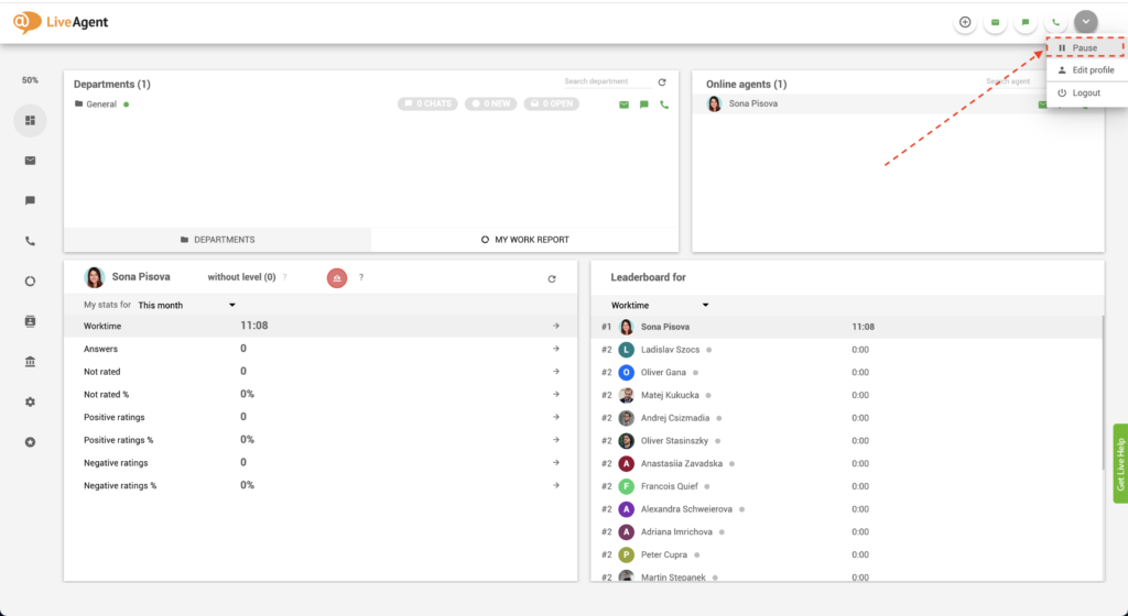 LiveAgent - 一時停止ボタン