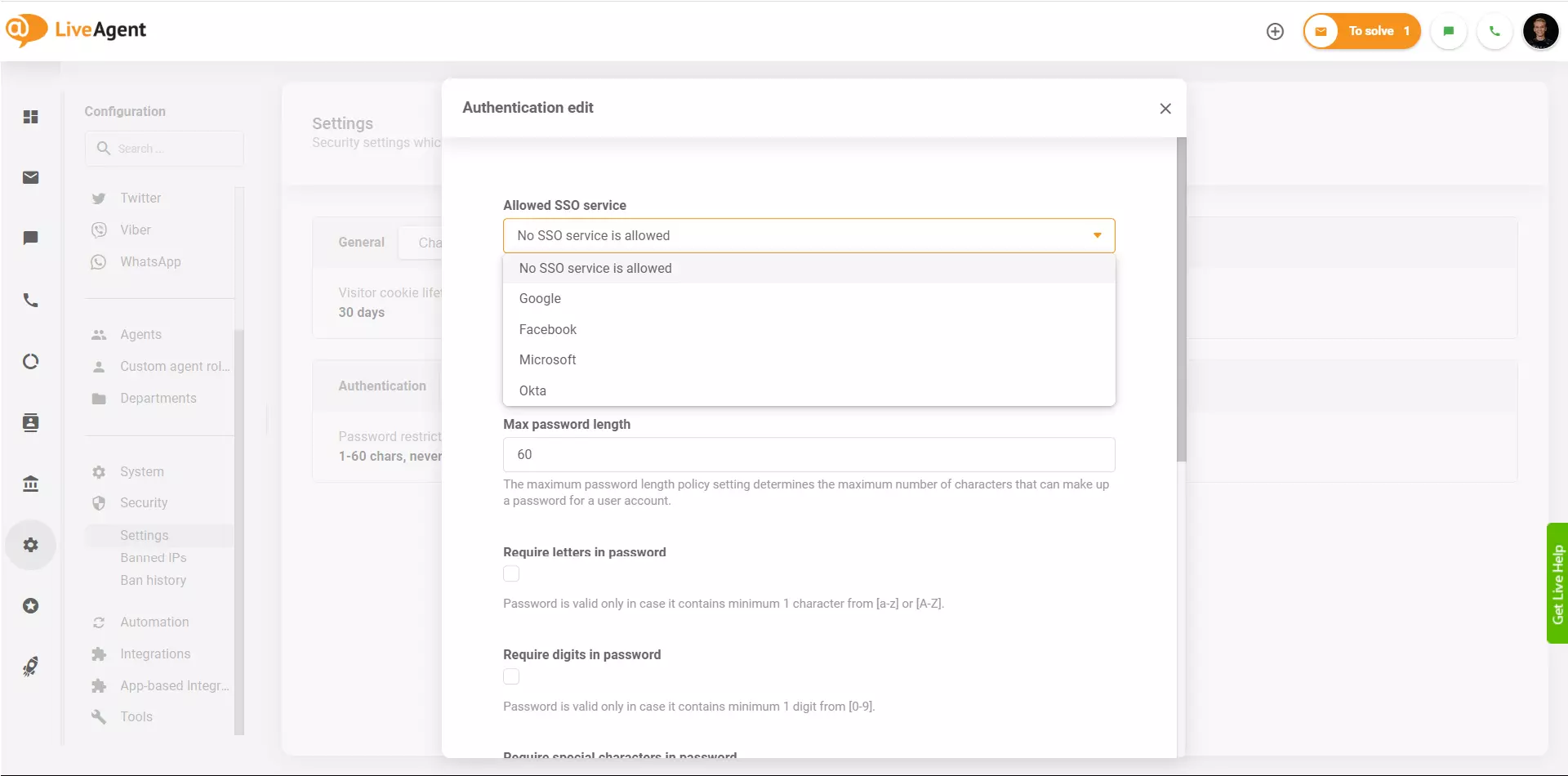 LiveAgent - SSOプロバイダー