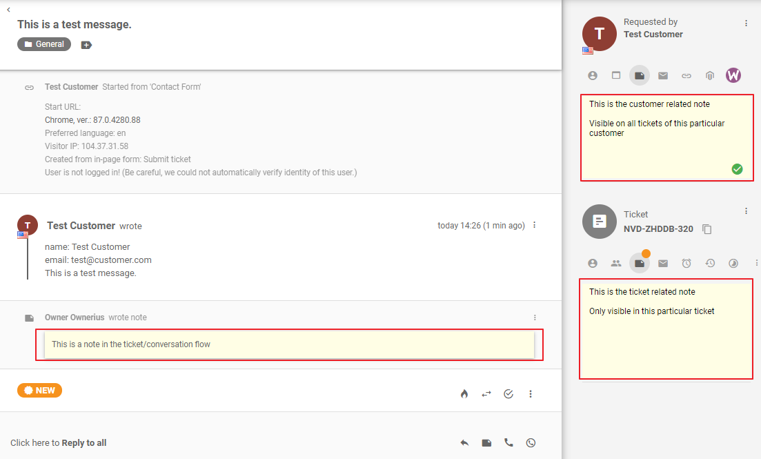 LiveAgentの異なるタイプの内部ノート