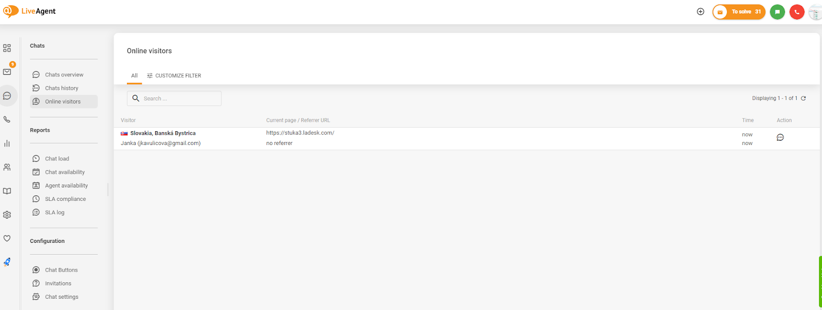LiveAgentのウェブサイト訪問者追跡のスクリーンショット