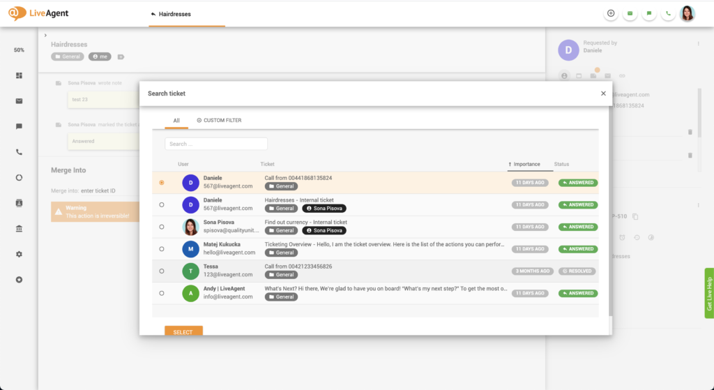 マージするチケットを選択