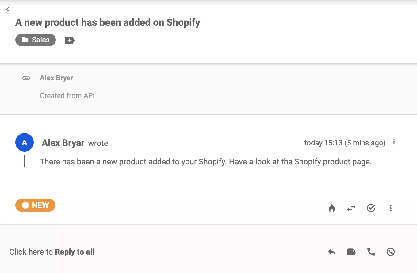製品作成後にShopifyから送信された新しいチケット