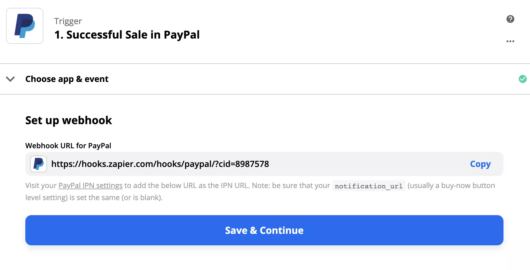 Webhookセットアップを備えたPayPalトリガー構成