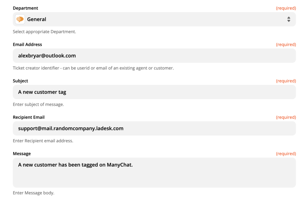 Zapier上のLiveAgentアクション設定