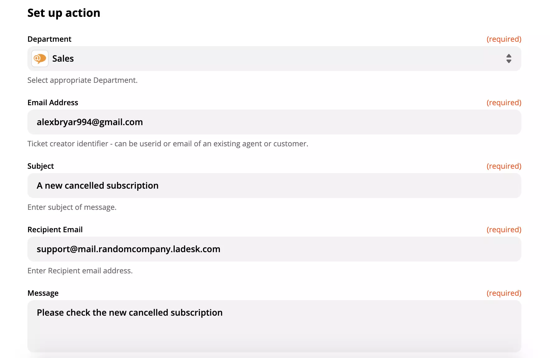 LiveAgentアクションのセットアップの例