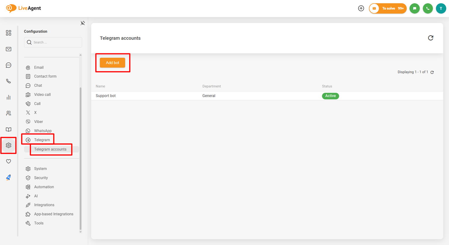 LiveAgent Telegram統合設定パネルのスクリーンショット。ボットを追加ボタンが表示されています