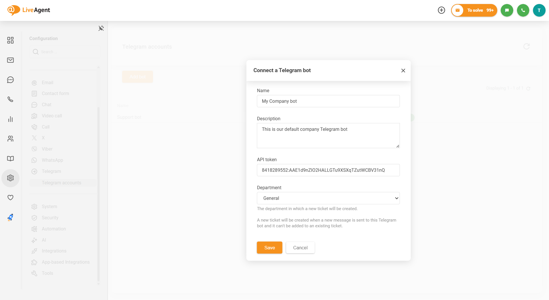 LiveAgent Telegram統合でボットを接続する方法のスクリーンショット