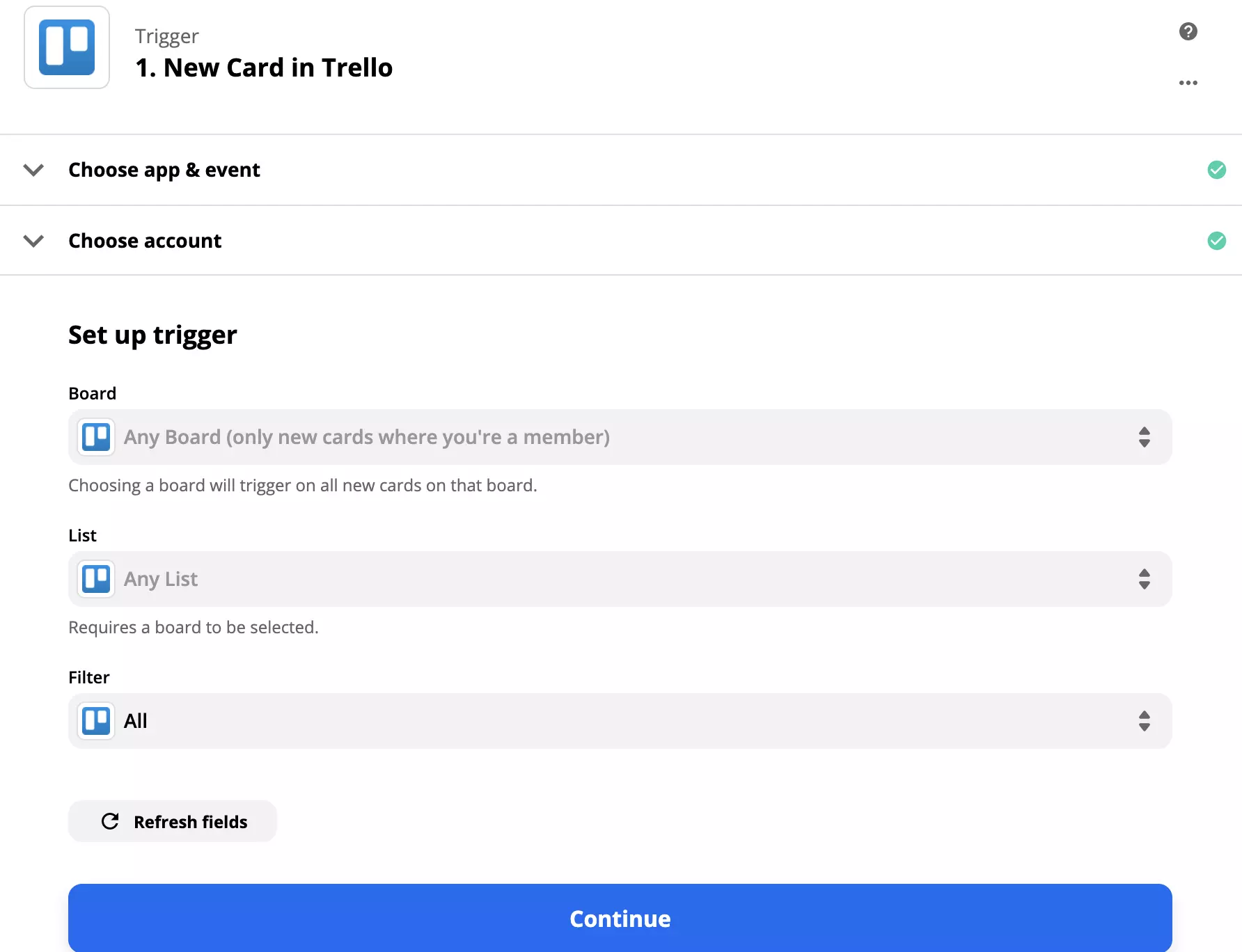 Customization options of Trello's New Card trigger