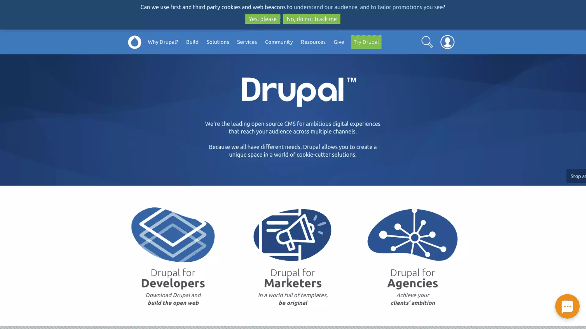 DrupalのホームページのLiveAgentライブチャットボタン。