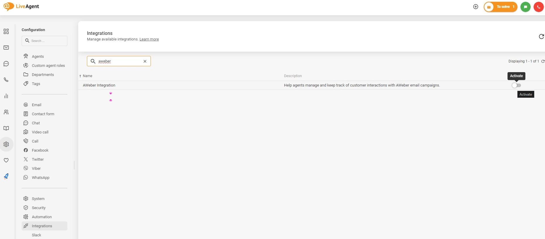 LiveAgentでAWeber統合を有効化