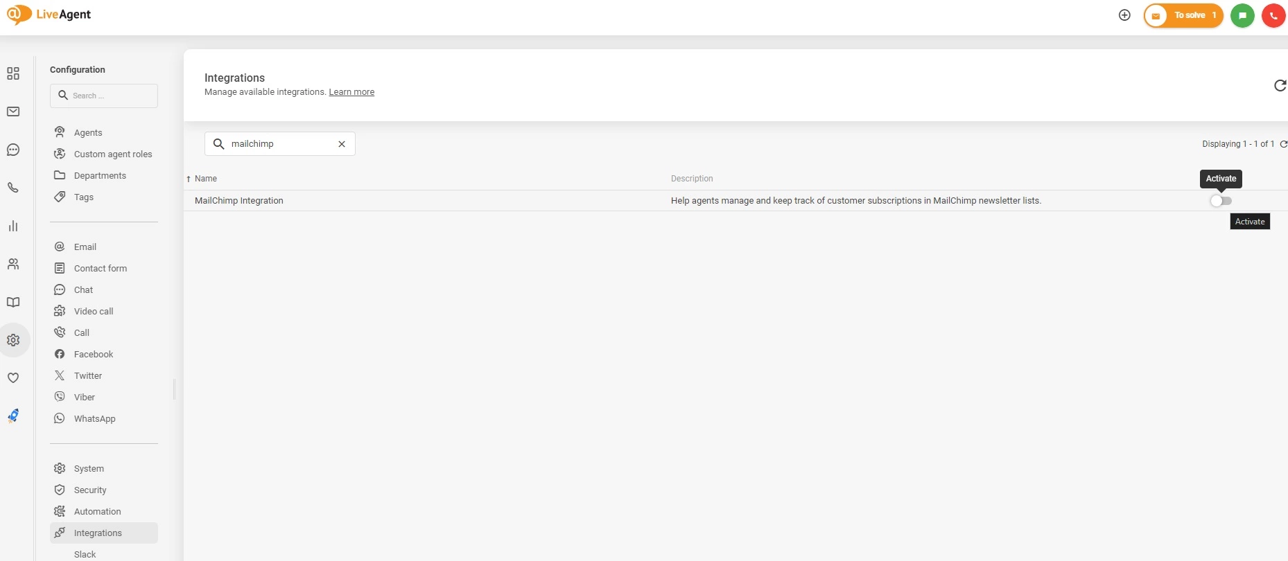 LiveAgentでMailchimp統合を有効化