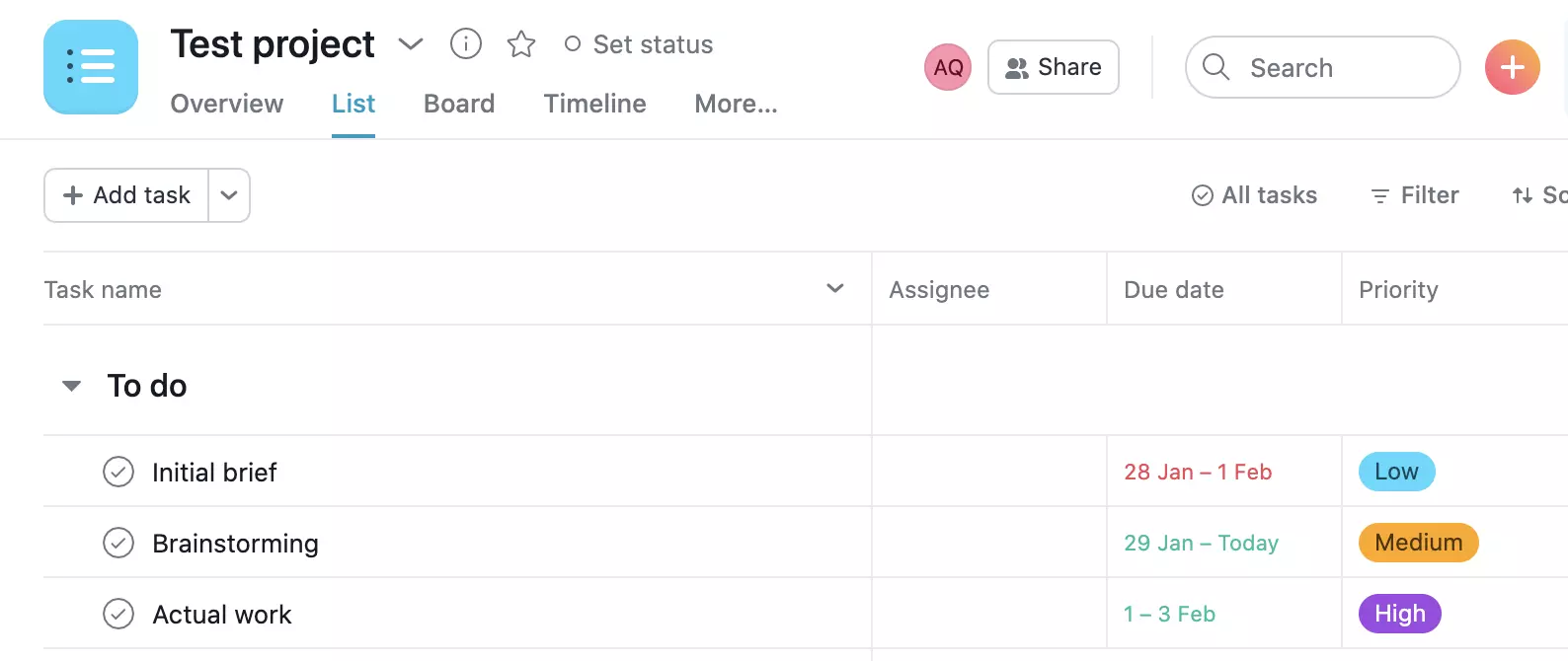Asanaプロジェクト例