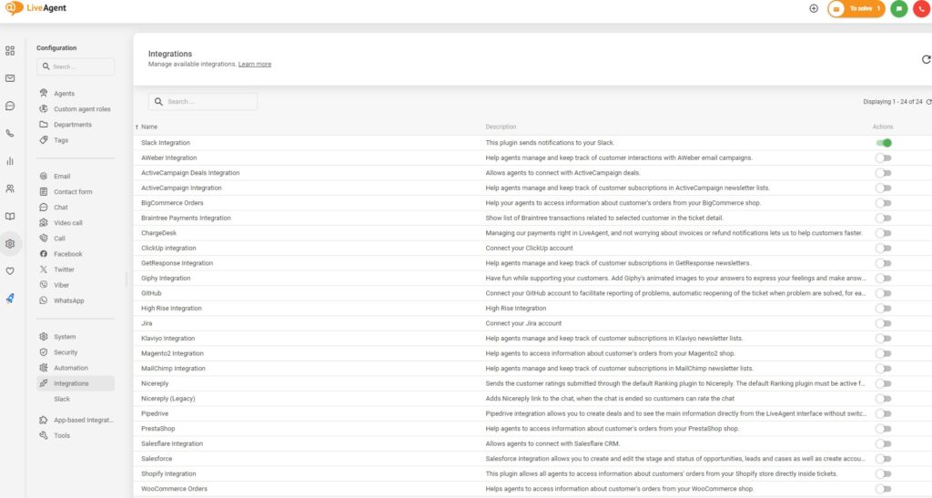 LiveAgentで統合を有効化