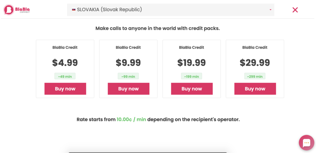 Webサイトに表示されるBlaBla Connectの価格プラン