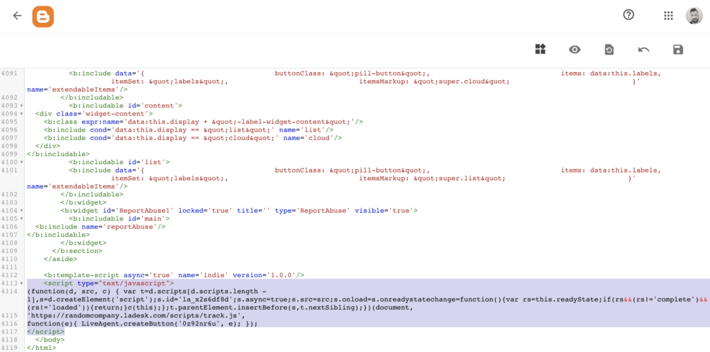 チャットボタンコードが挿入された Blogger コード