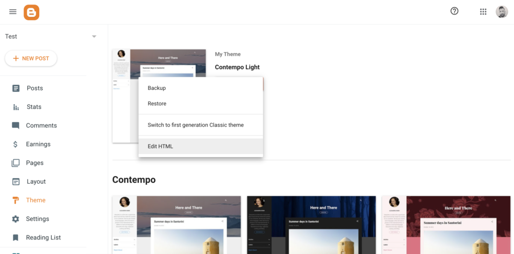 Blogger テーマ設定の HTML 編集オプション