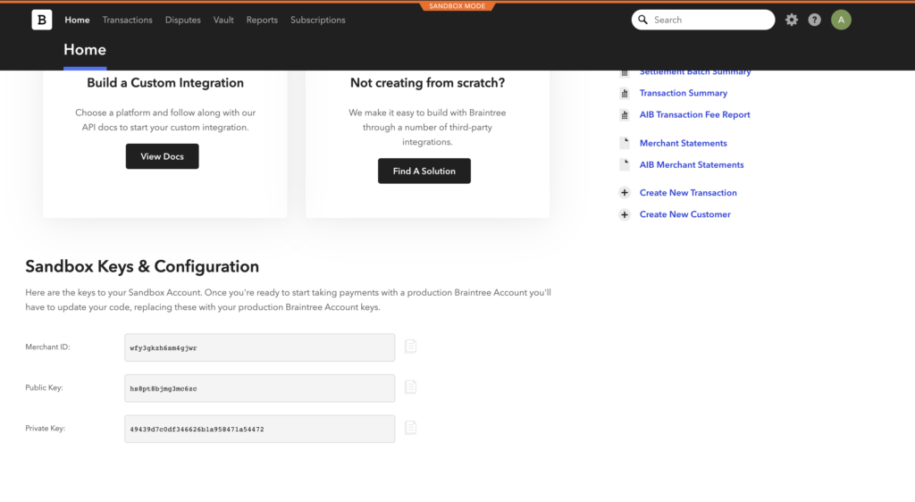 Keys & Configuration in Braintree