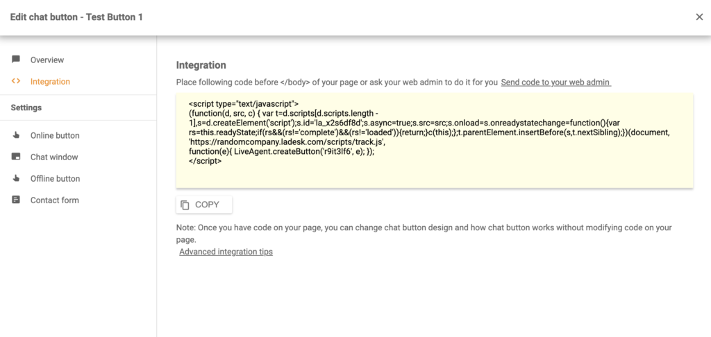 LiveAgent で生成されたチャットボタンコード